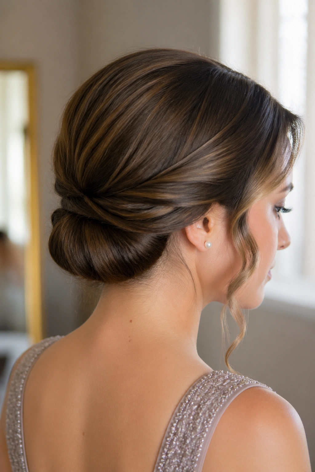 Close-up of a real woman with a tucked-in Gibson roll at the nape in a bridal prep setting