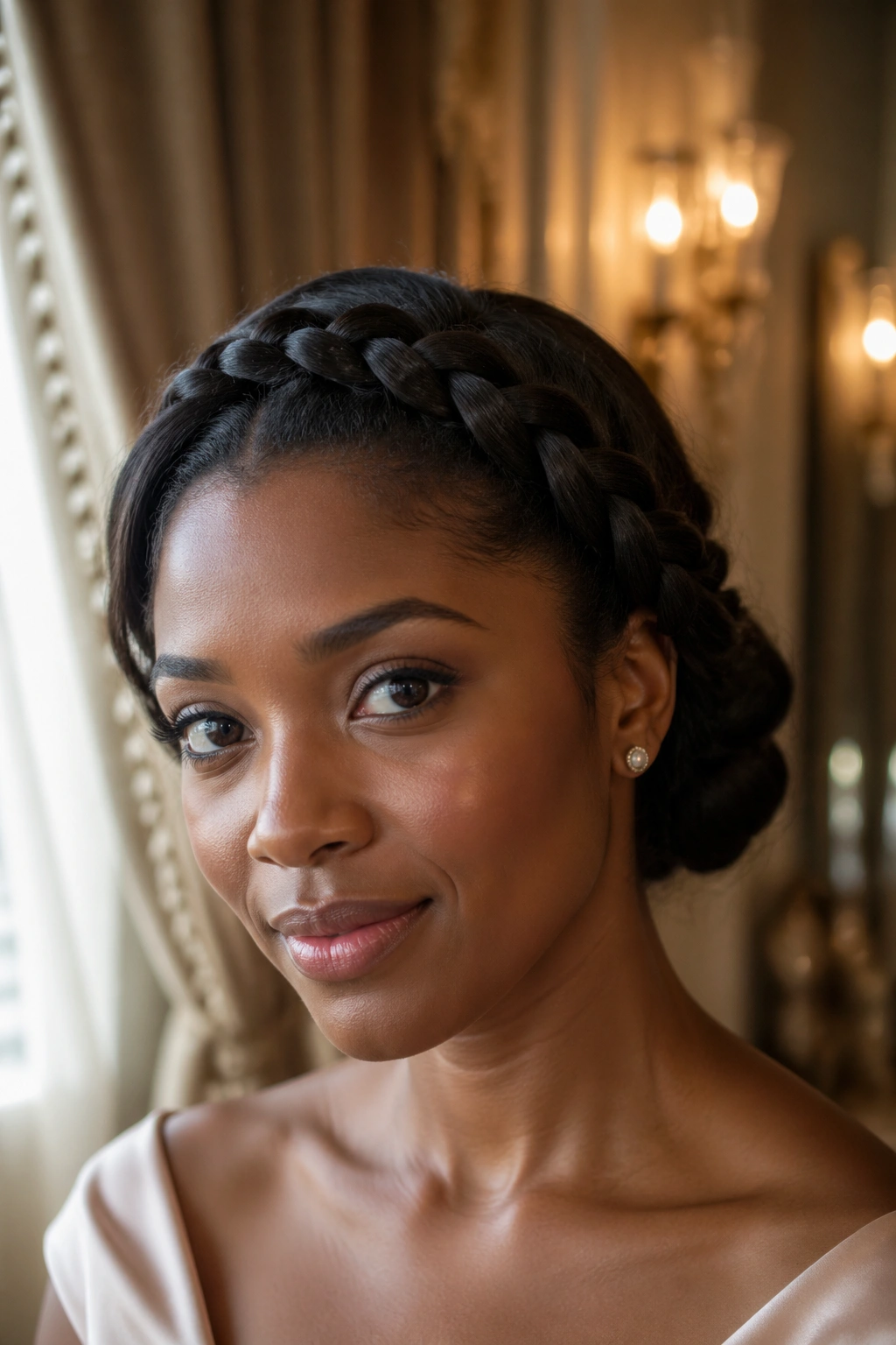 Profile of a real woman wearing Gibson tuck with lace braid crown in a soft ballroom backdrop.
