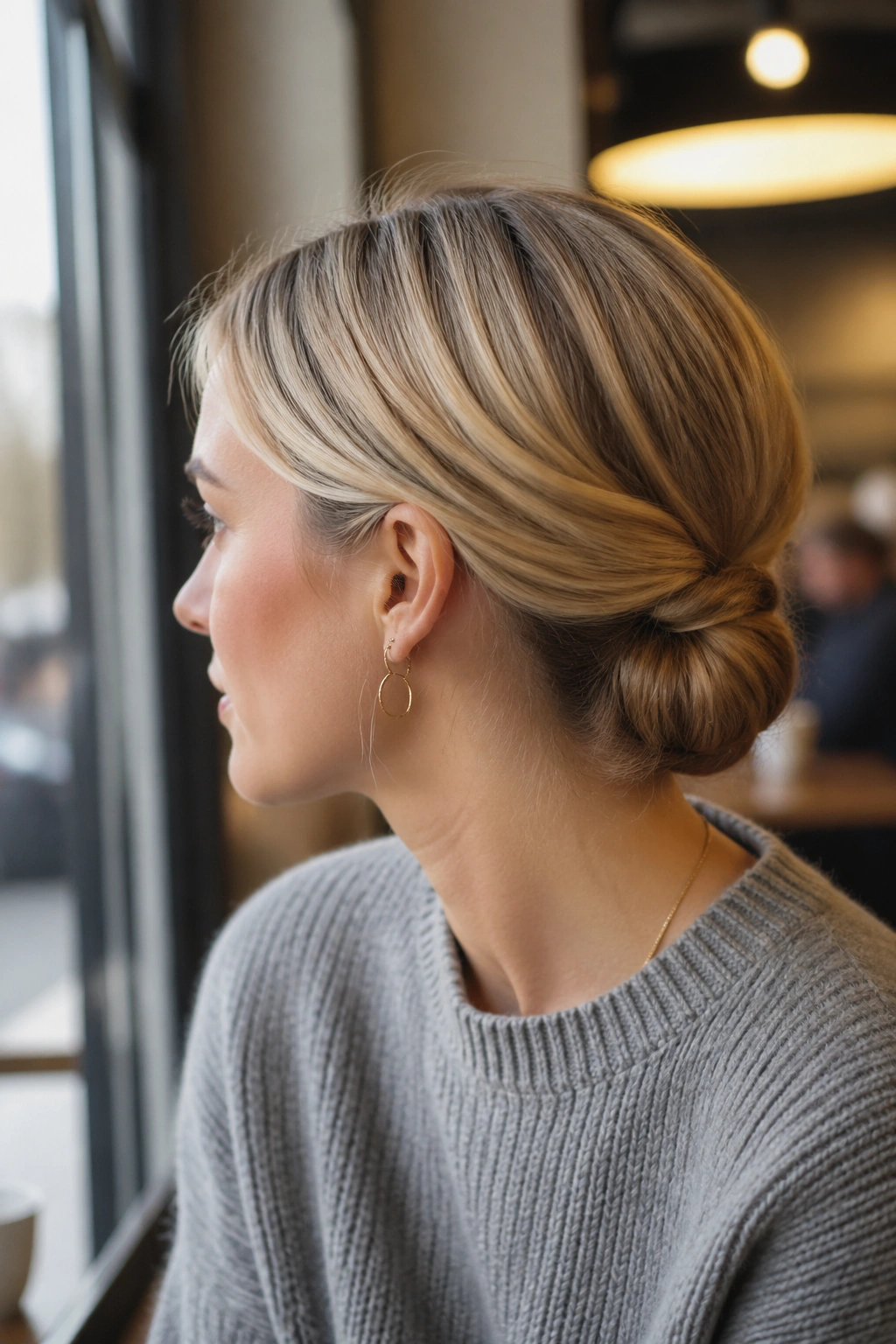 Profile of a woman showing a Gibson tuck at the nape.