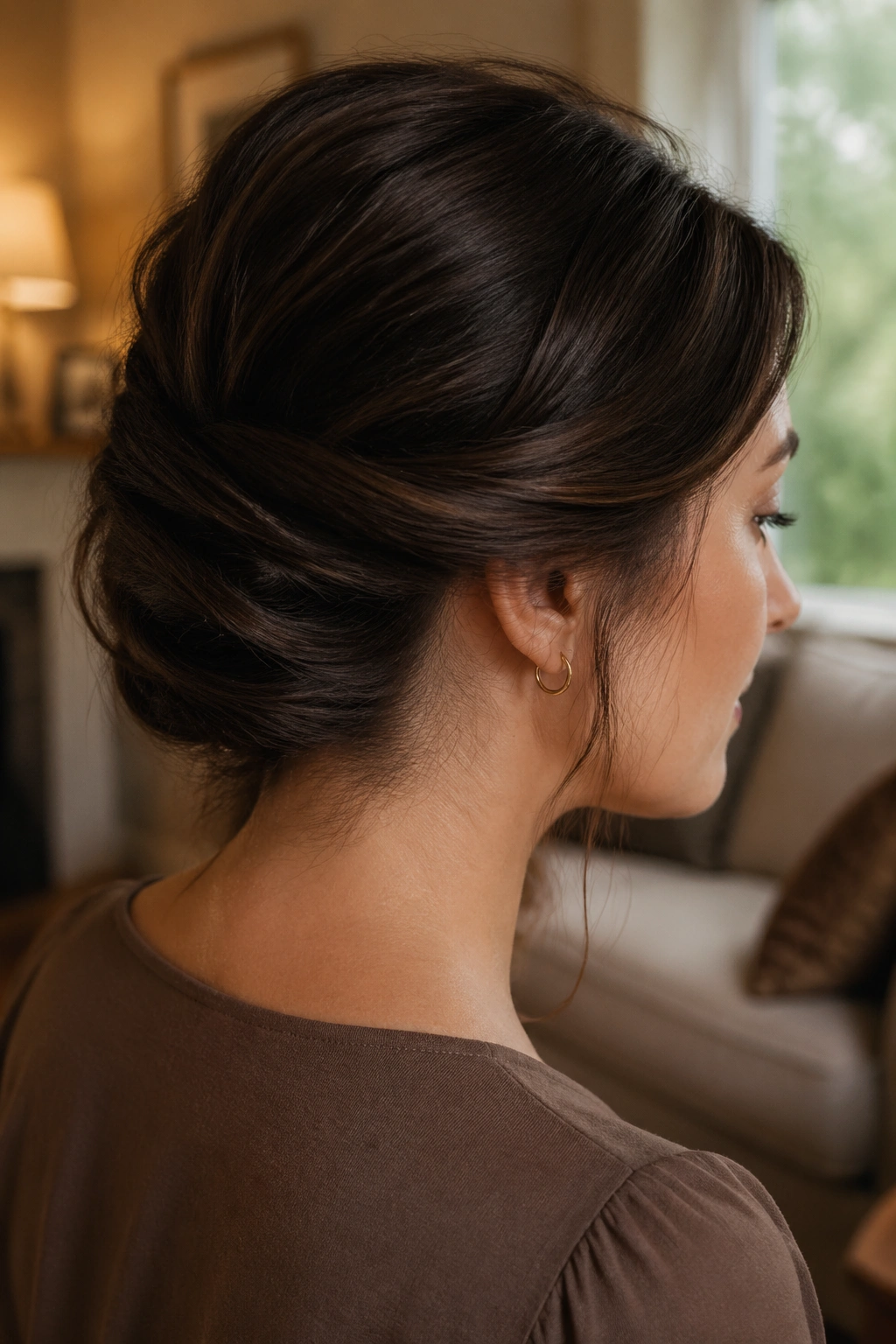 Close-up of a real woman with a Gibson tuck on shoulder-length hair