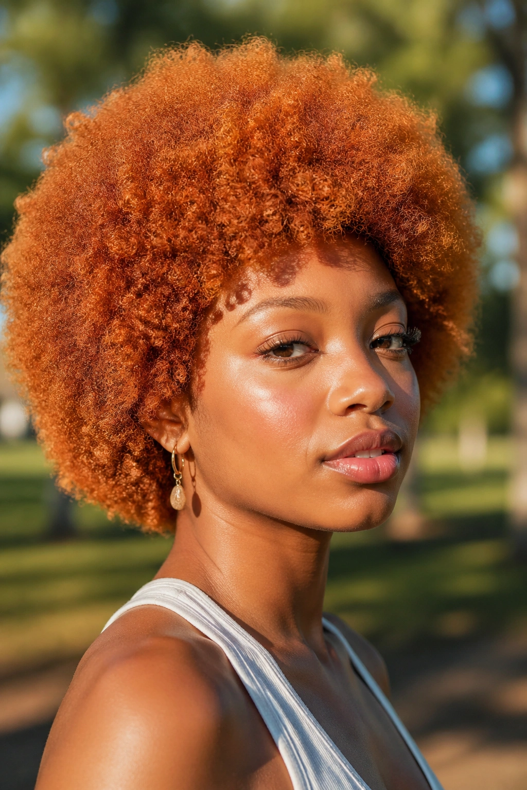 Portrait of a real woman with ginger beer copper afro in outdoor light