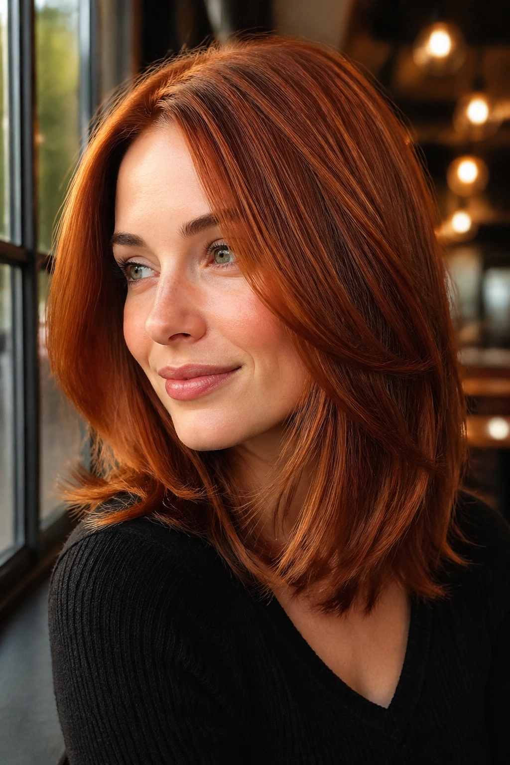 Close-up portrait of a real woman with ginger beer copper hair and glossy shine