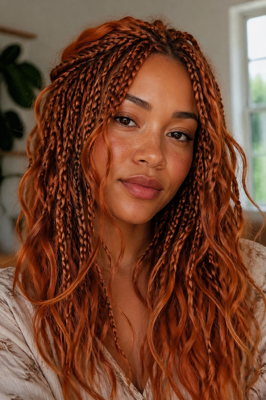 Close-up of ginger boho braids with loose waves on a real person