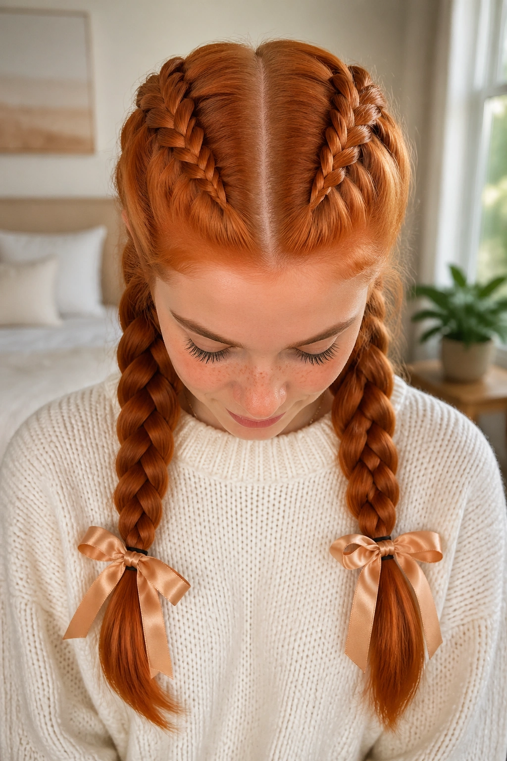 Portrait of a real person with ginger Dutch braids in two pigtails.