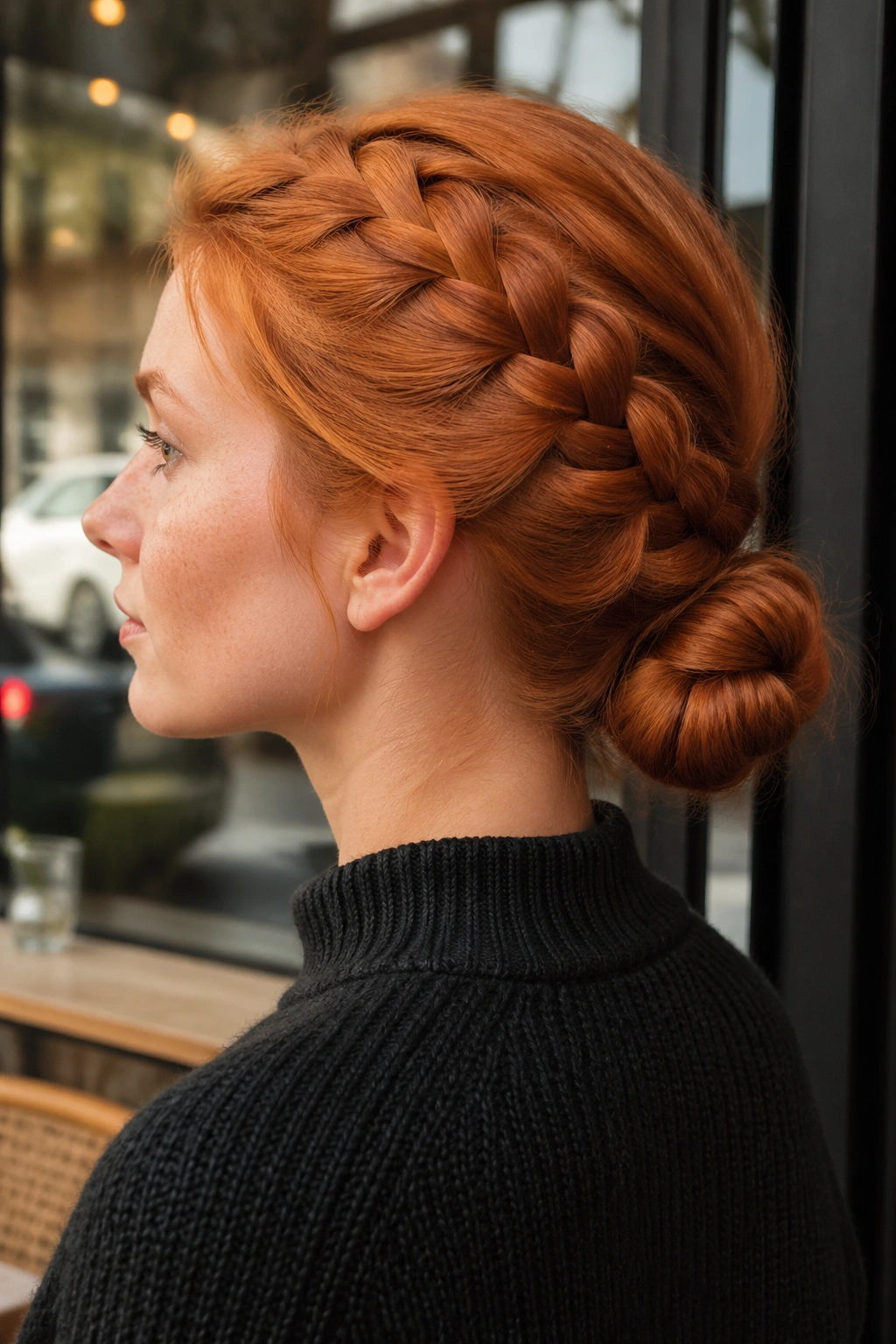 Profile close-up of ginger French braid into a low bun on a real woman