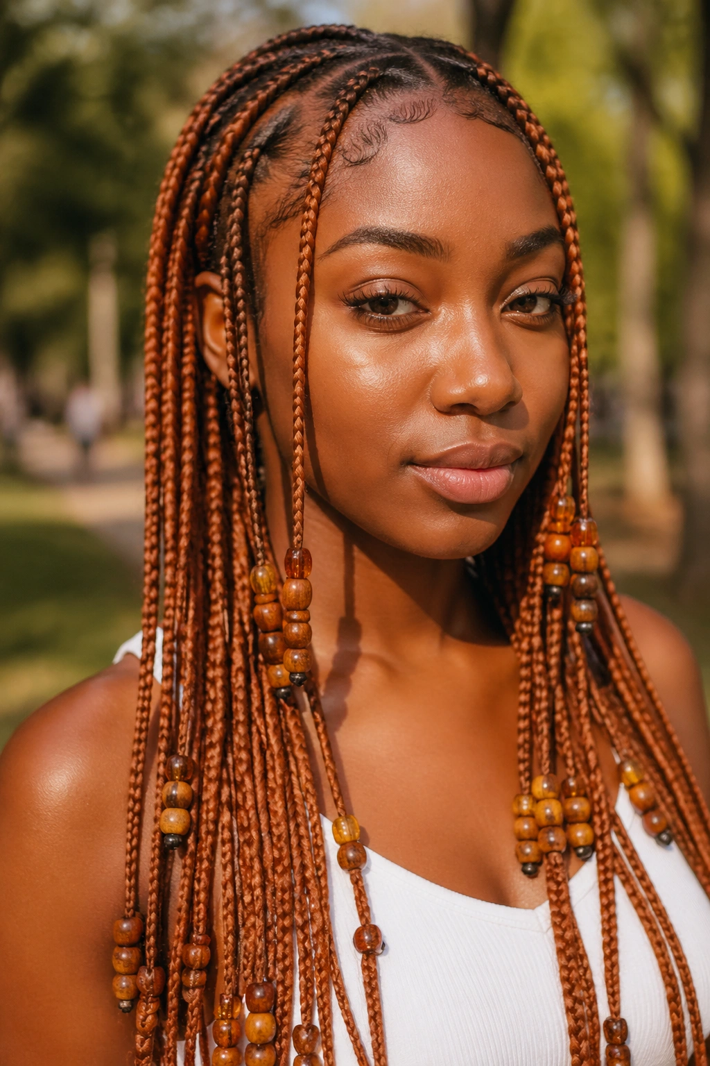 Close-up of ginger Fulani braids with beads on a real woman