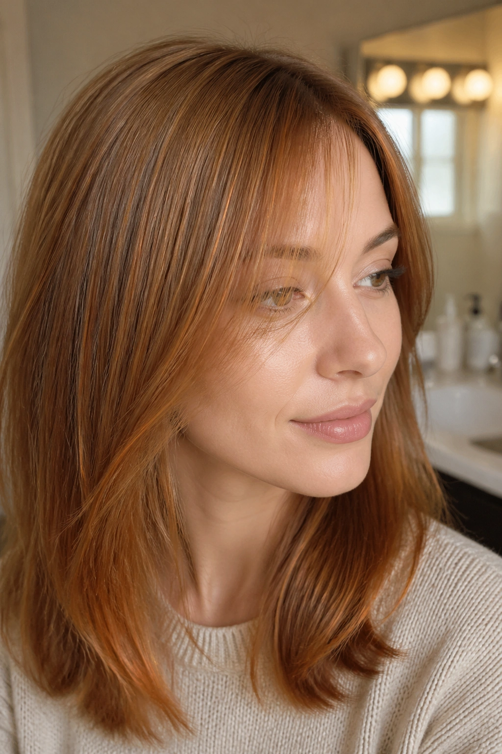Close-up portrait of a real woman with translucent ginger gloss on fine hair in bright morning light.