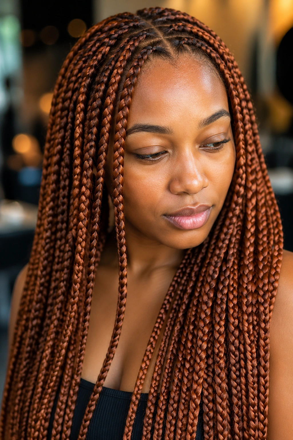 Close-up portrait of a real person with ginger knotless braids and copper highlights
