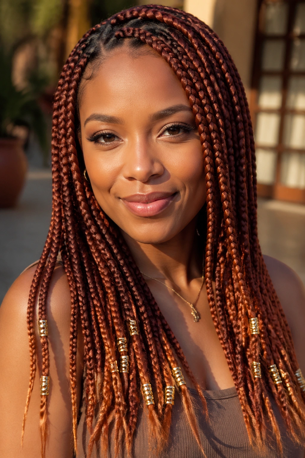 Close-up of a real woman with ginger ombré knotless braids and gold cuffs in warm outdoor light