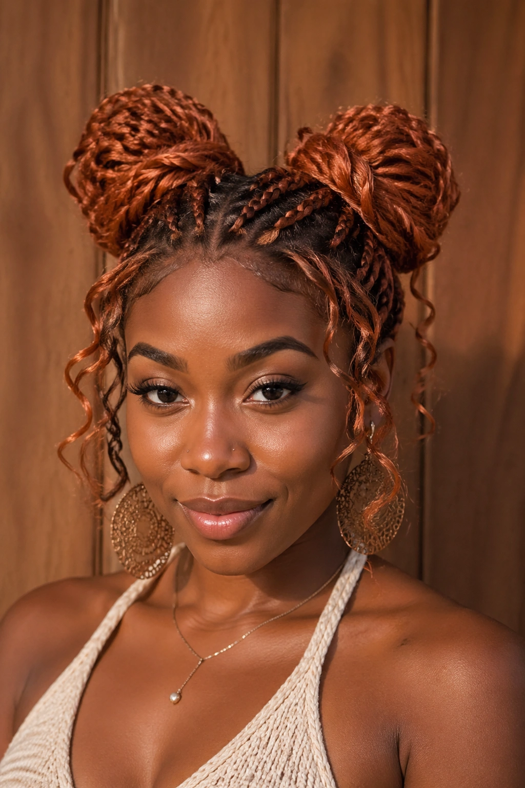Real person with bohemian braided space buns in ginger blend and loose curls