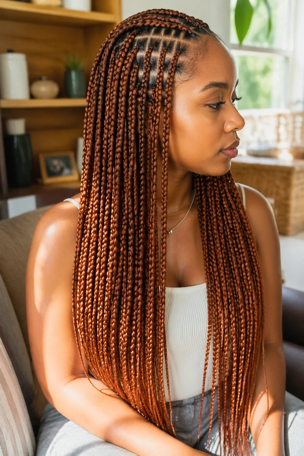 Close-up of a real woman with waist-length ginger tribal braids in a warm living room.