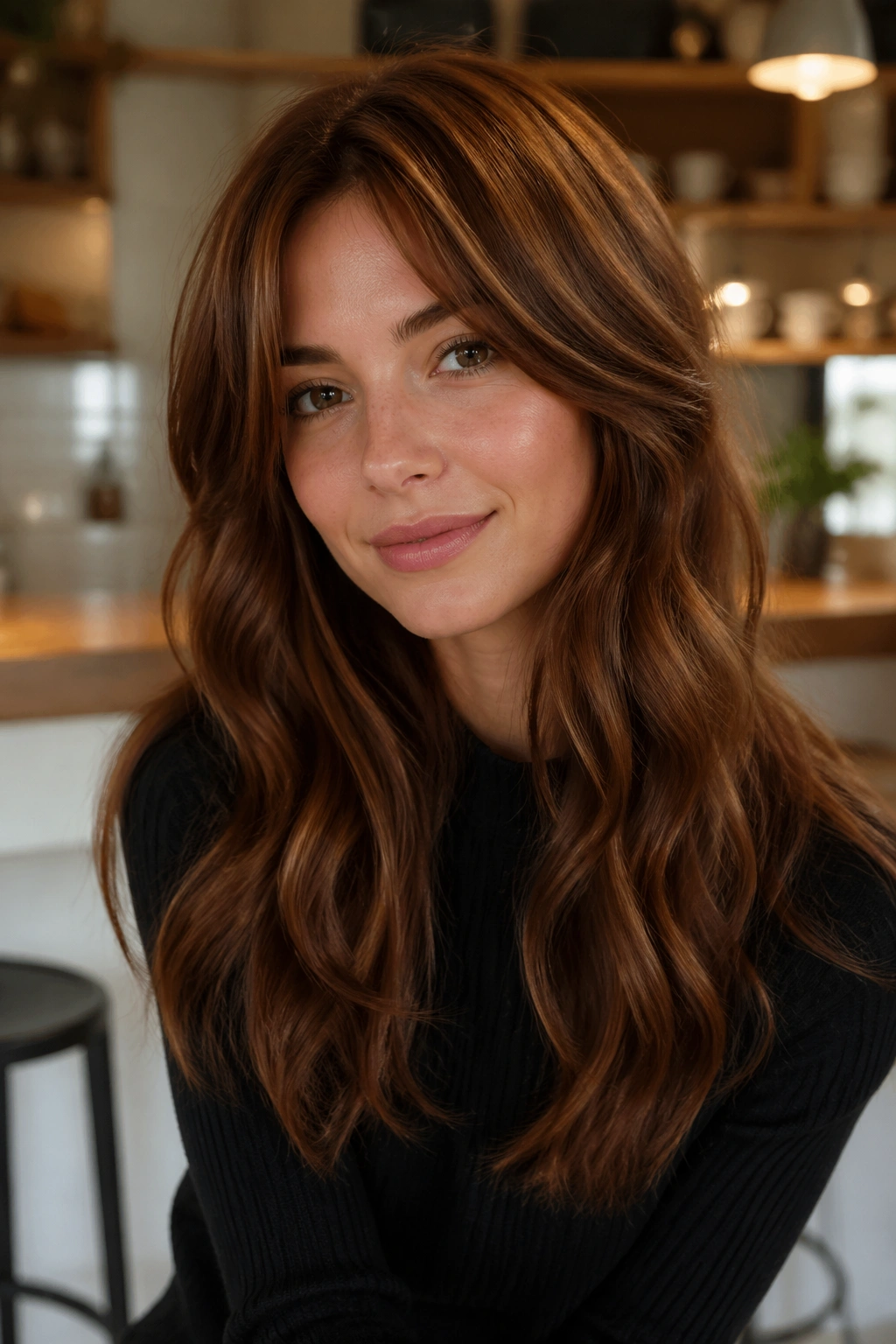 Close-up of a real woman with gingerbread brown hair and warm golden highlights.