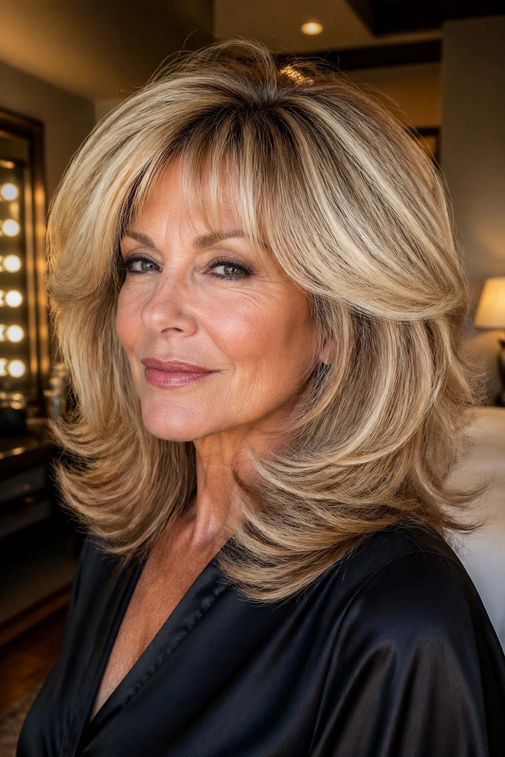 Portrait of a woman with glam shag and a big blowout in a warm dressing room