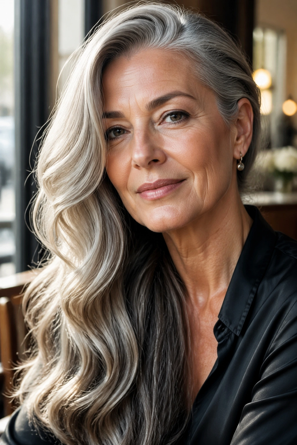 Portrait of a woman with deep side-parted glamour waves over one shoulder