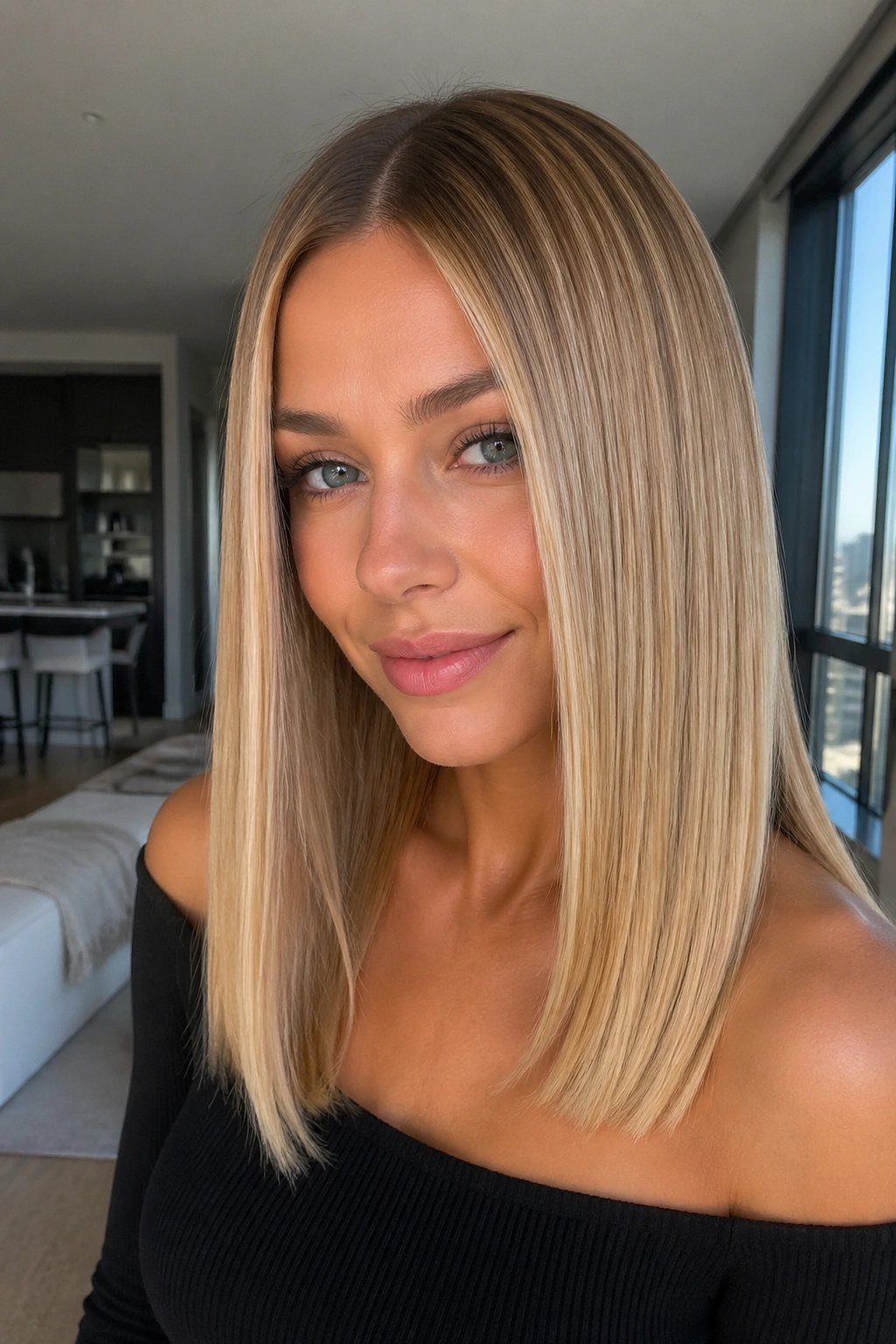Close-up of real woman with straight glass hair and soft root shadow in honey blonde