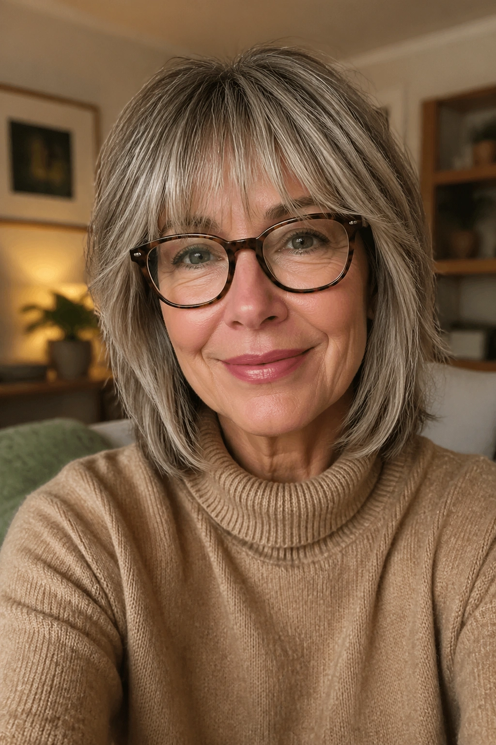 Real woman with glasses-friendly fringe crop in cozy living room