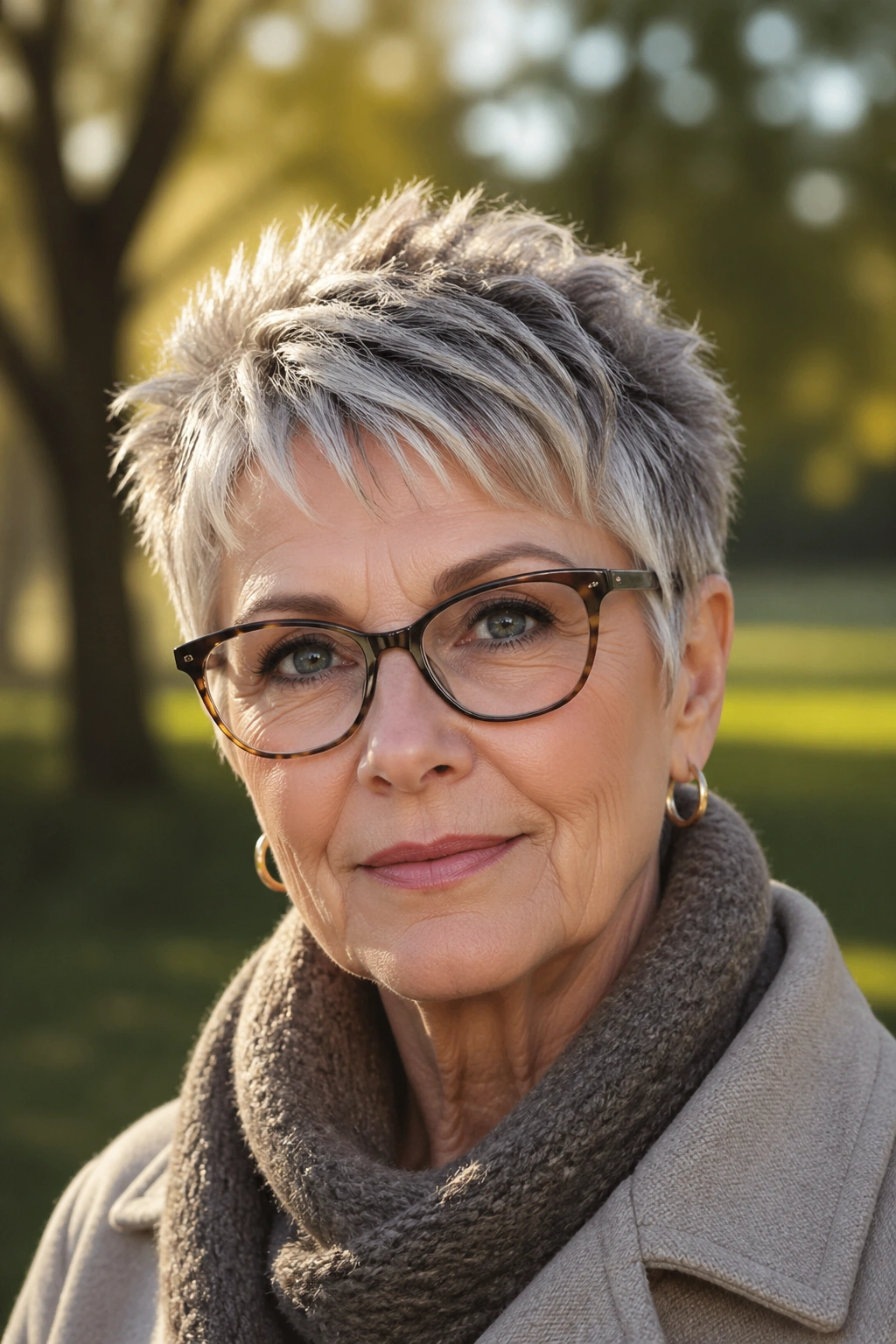 Close-up of real woman with tapered shaggy pixie and glasses in soft outdoor light