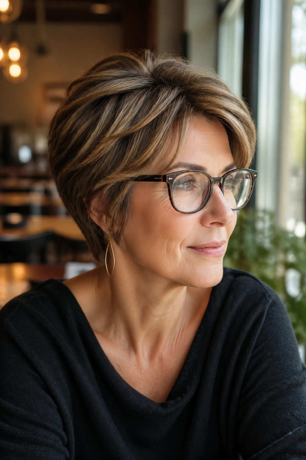 Real woman with softly stacked wedge haircut and glasses in a cozy cafe setting