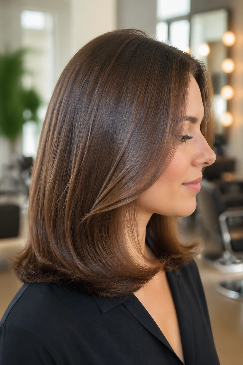Real woman with a glossy blowout and tucked-under ends