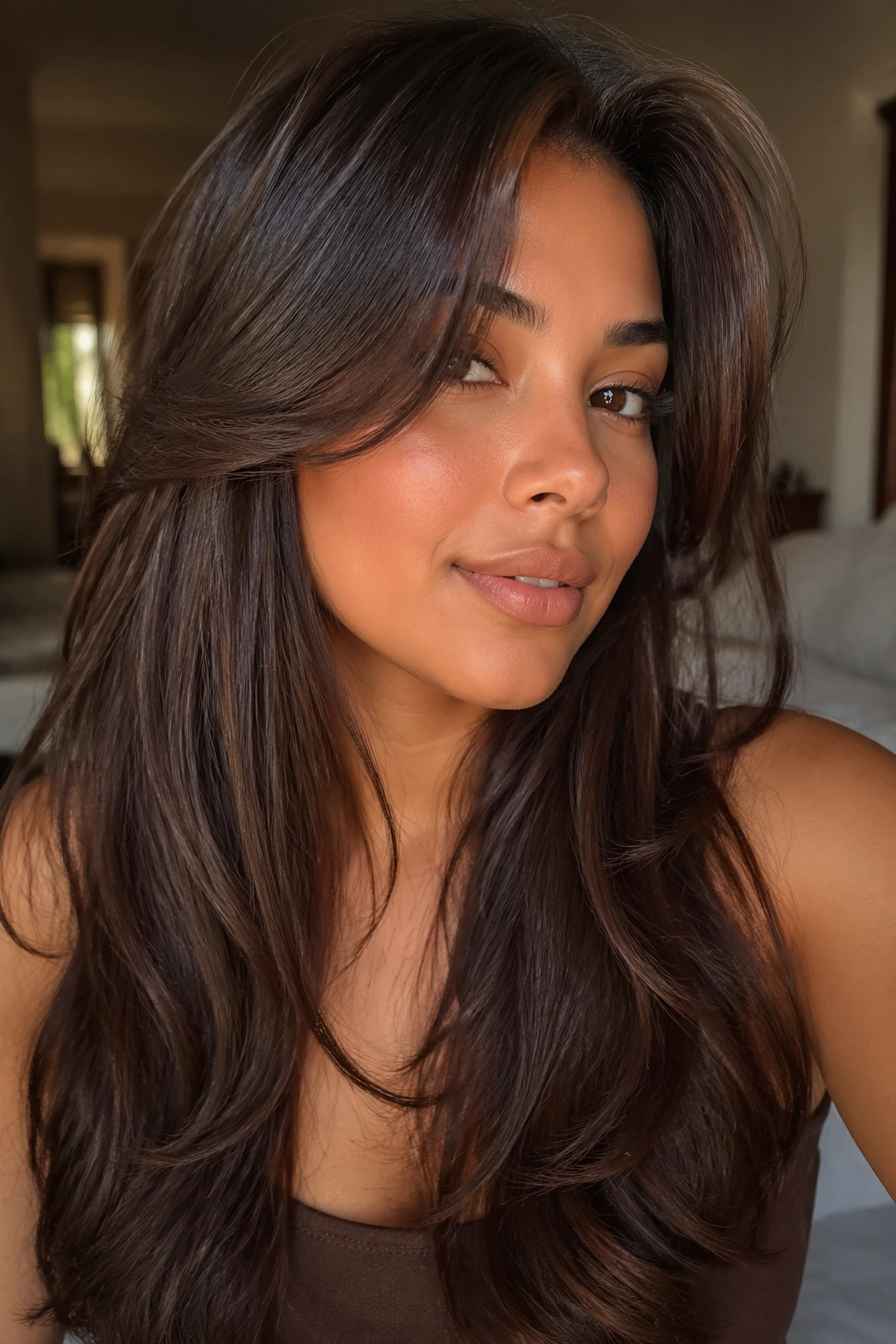 Close-up portrait of a real woman with glossy chocolate layered hair in warm lighting.