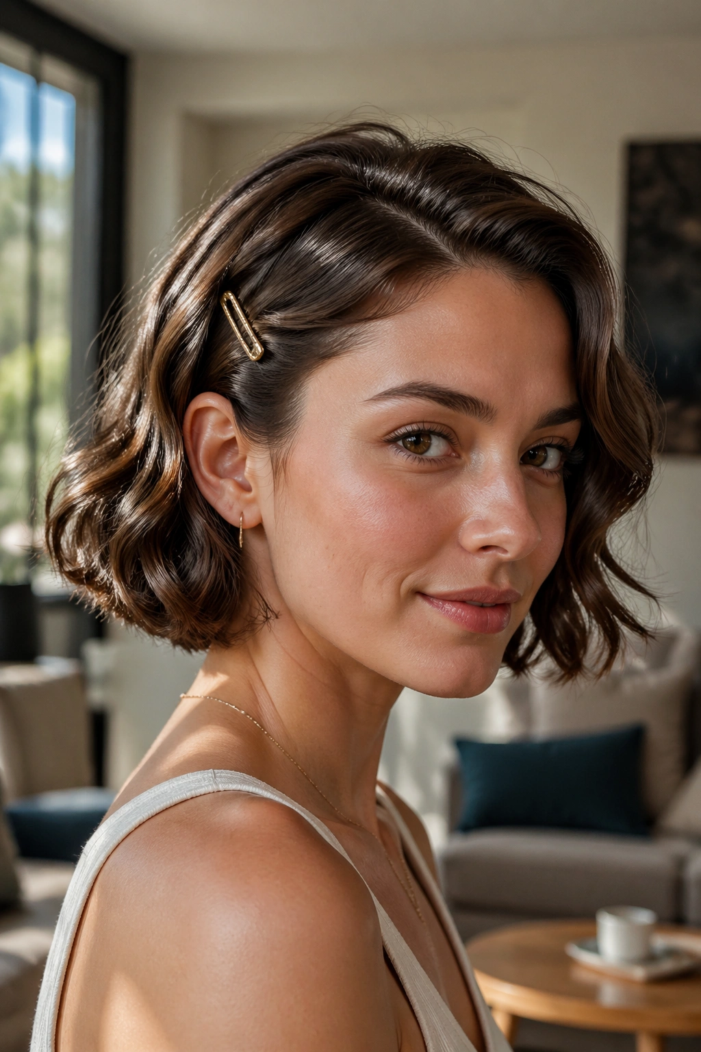 Close-up portrait of a real person with glossy waves and a small barrette above the ear