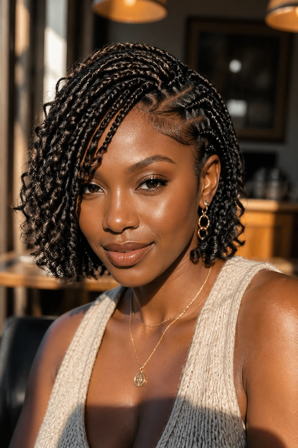 Real woman with goddess-style short boho box braids and deep side sweep.
