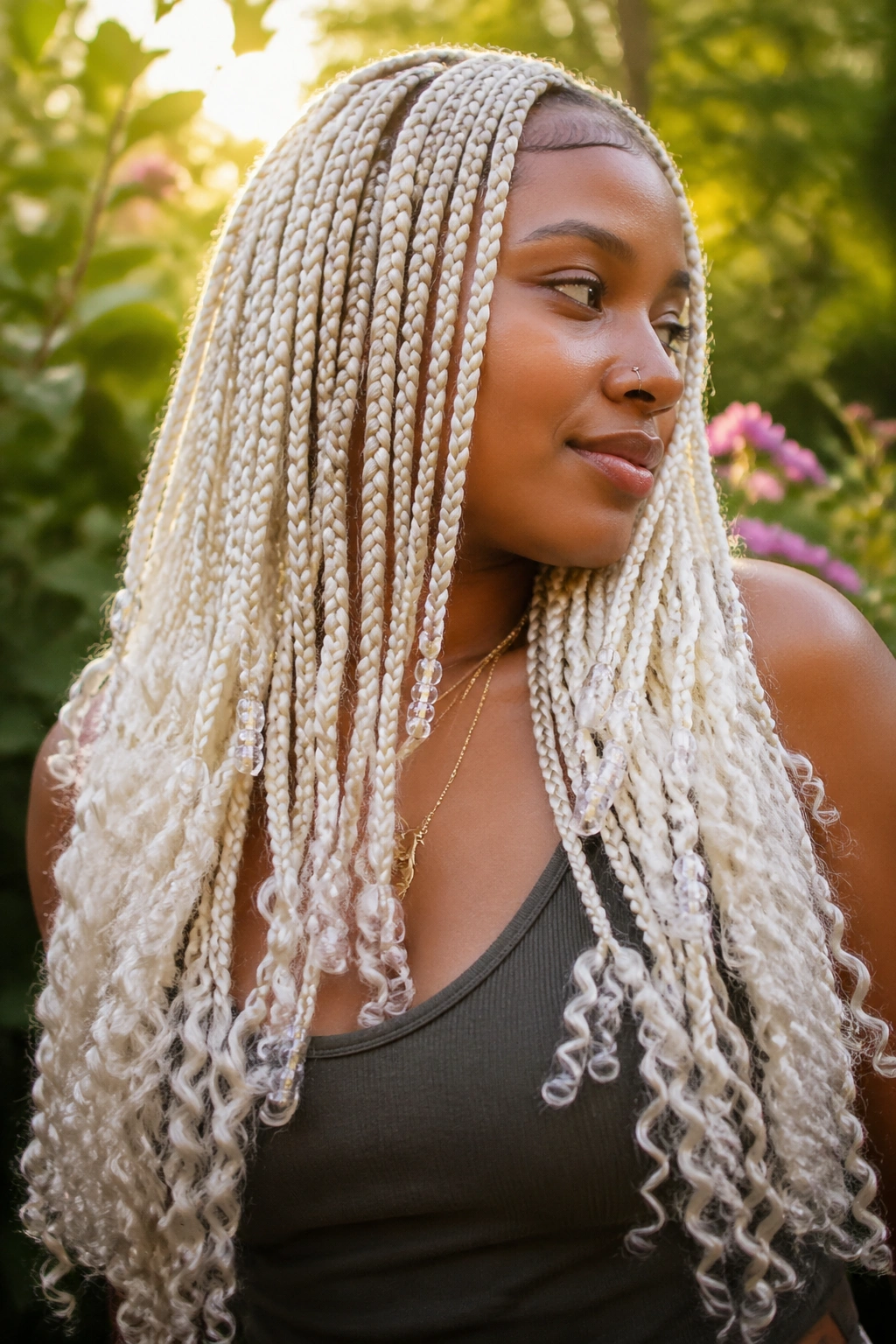 Close-up of a real woman with white goddess box braids and curly ends