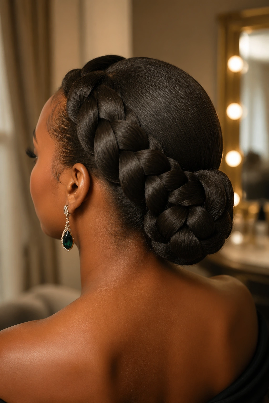 Close-up of a real woman showing a jumbo goddess braid wrapped into a knot at the back for a formal wedding look