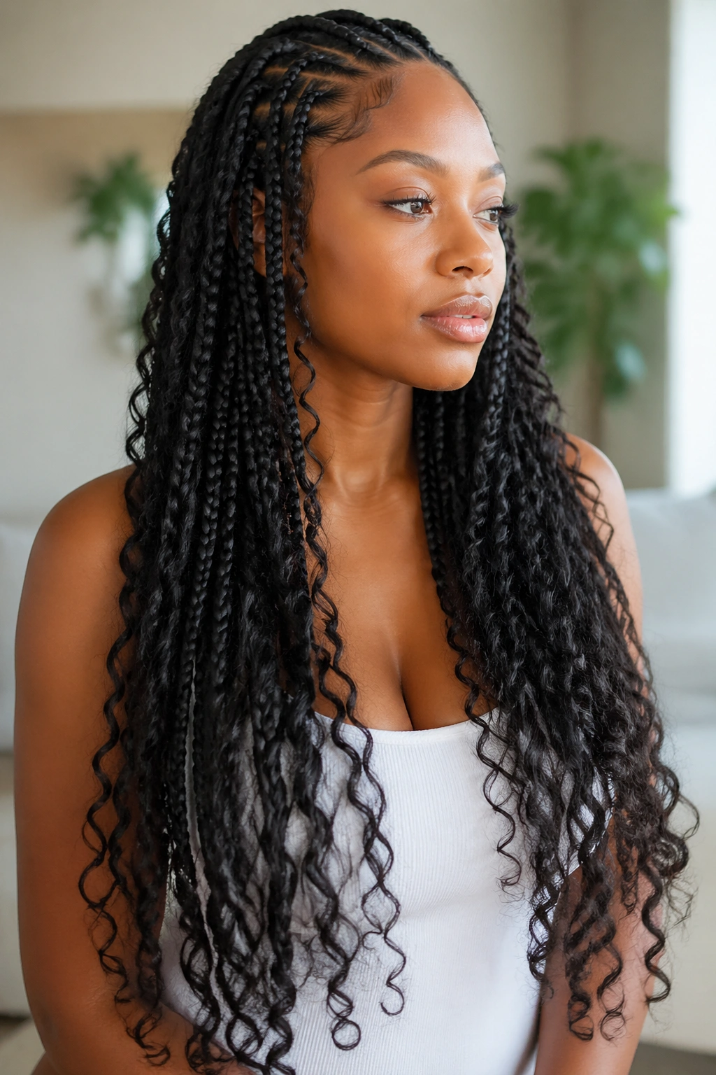 Real woman with goddess braids and curly ends
