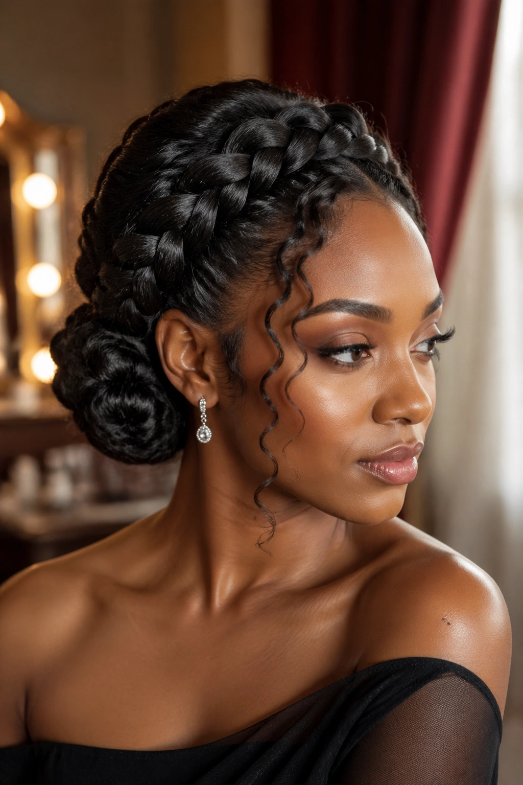Close-up of Goddess Braid Updo with Curled Ends on a real woman, curled ends framing face