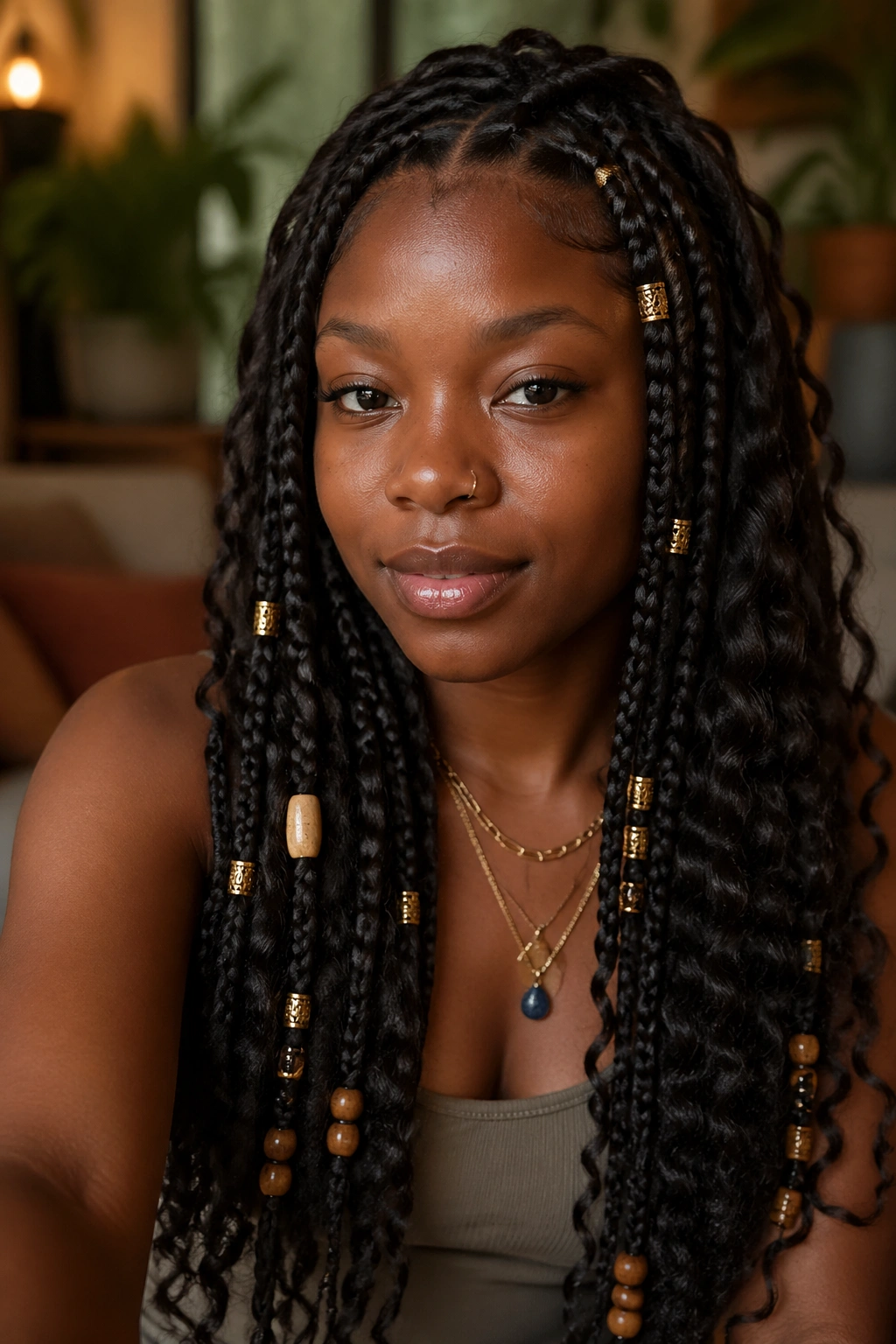Close-up of goddess braids with beads and cuffs on a real person
