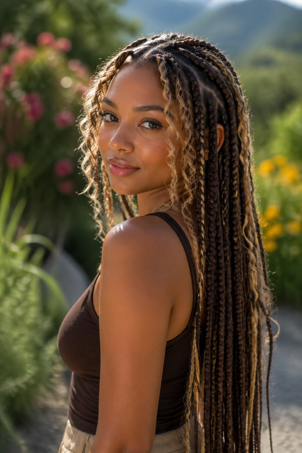 Real person with goddess box braids and blonde curly leave-out around the face.