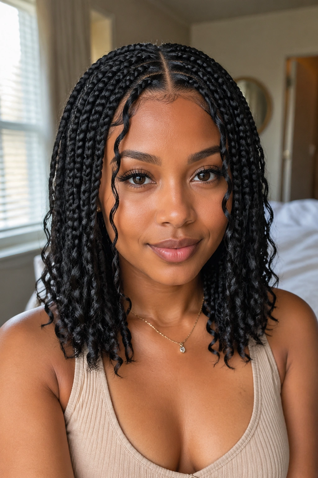 Close-up portrait of a real woman with center-part goddess braids and soft front tendrils