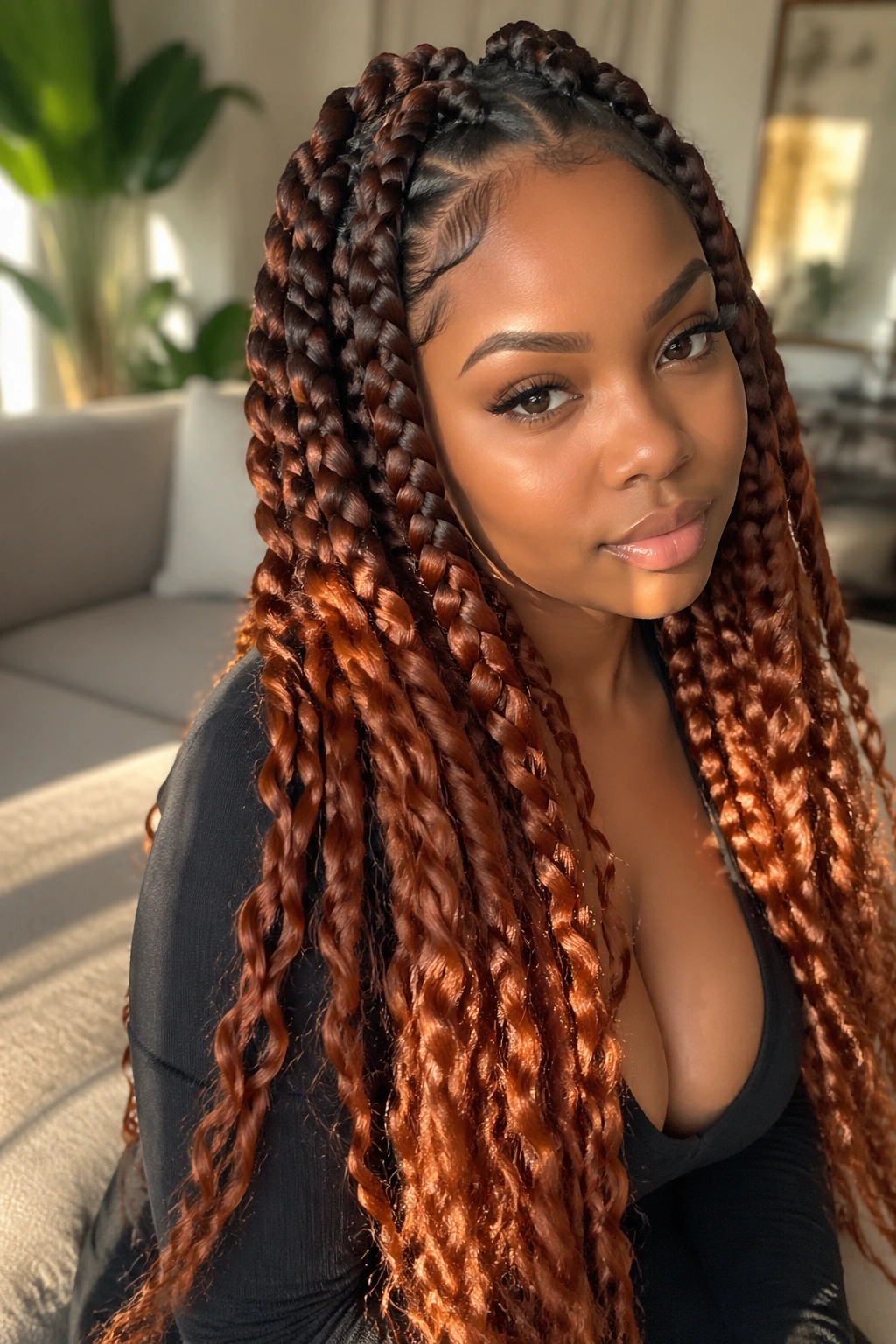 Close-up of chunky goddess braids in copper ombre on a real woman
