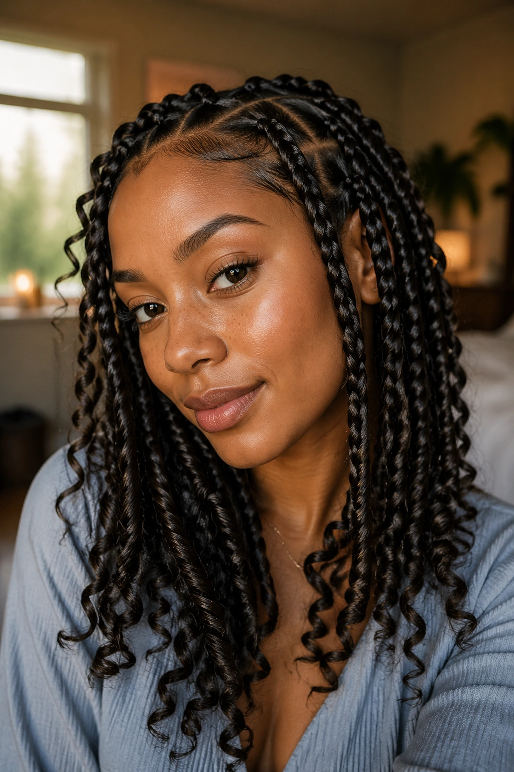 Close-up of a real person wearing goddess braids with curly ends