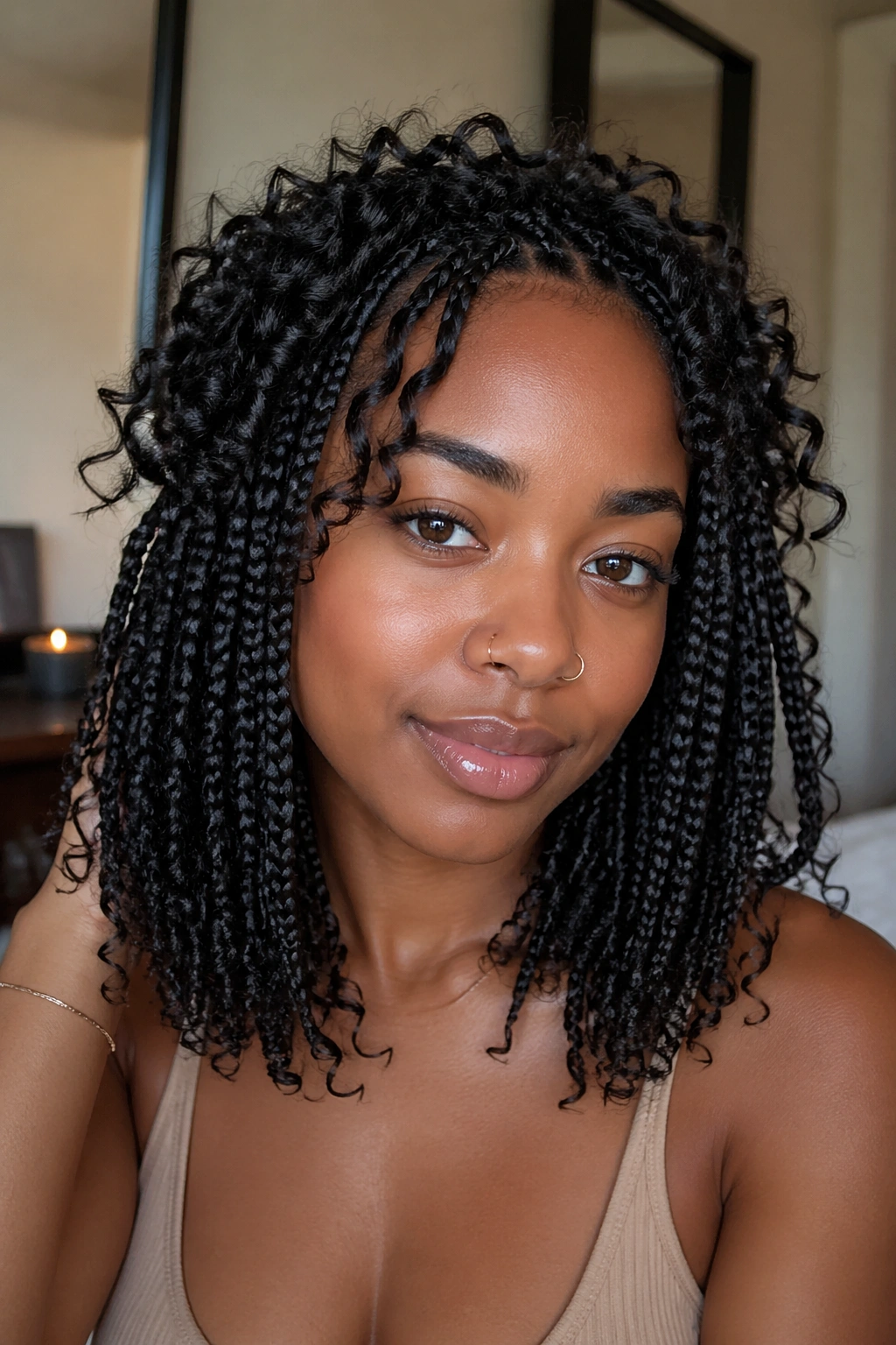 Close-up portrait of a real woman with shoulder-skimming goddess braids and curly halo
