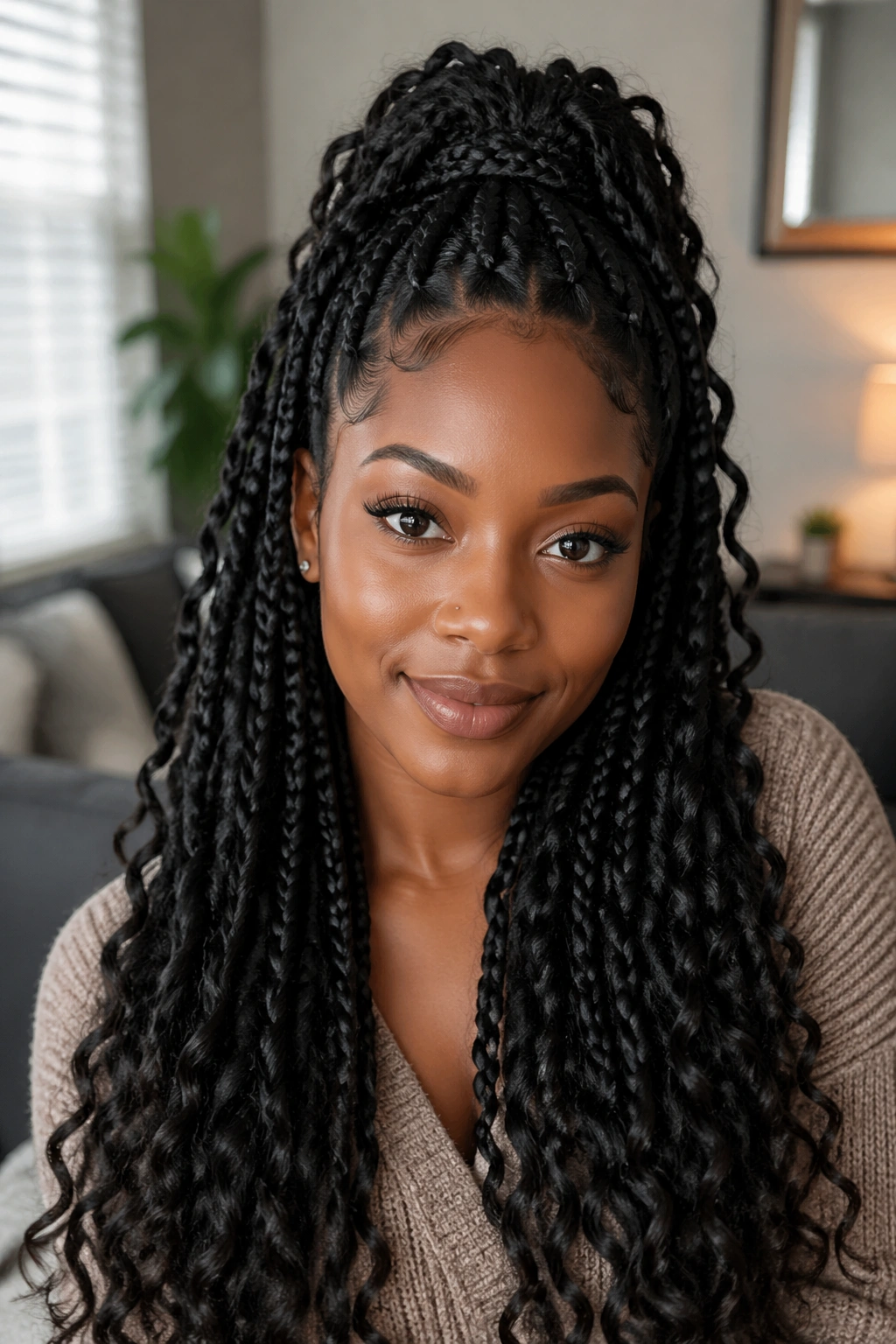 Close-up of a real woman with half-up, half-down goddess braids