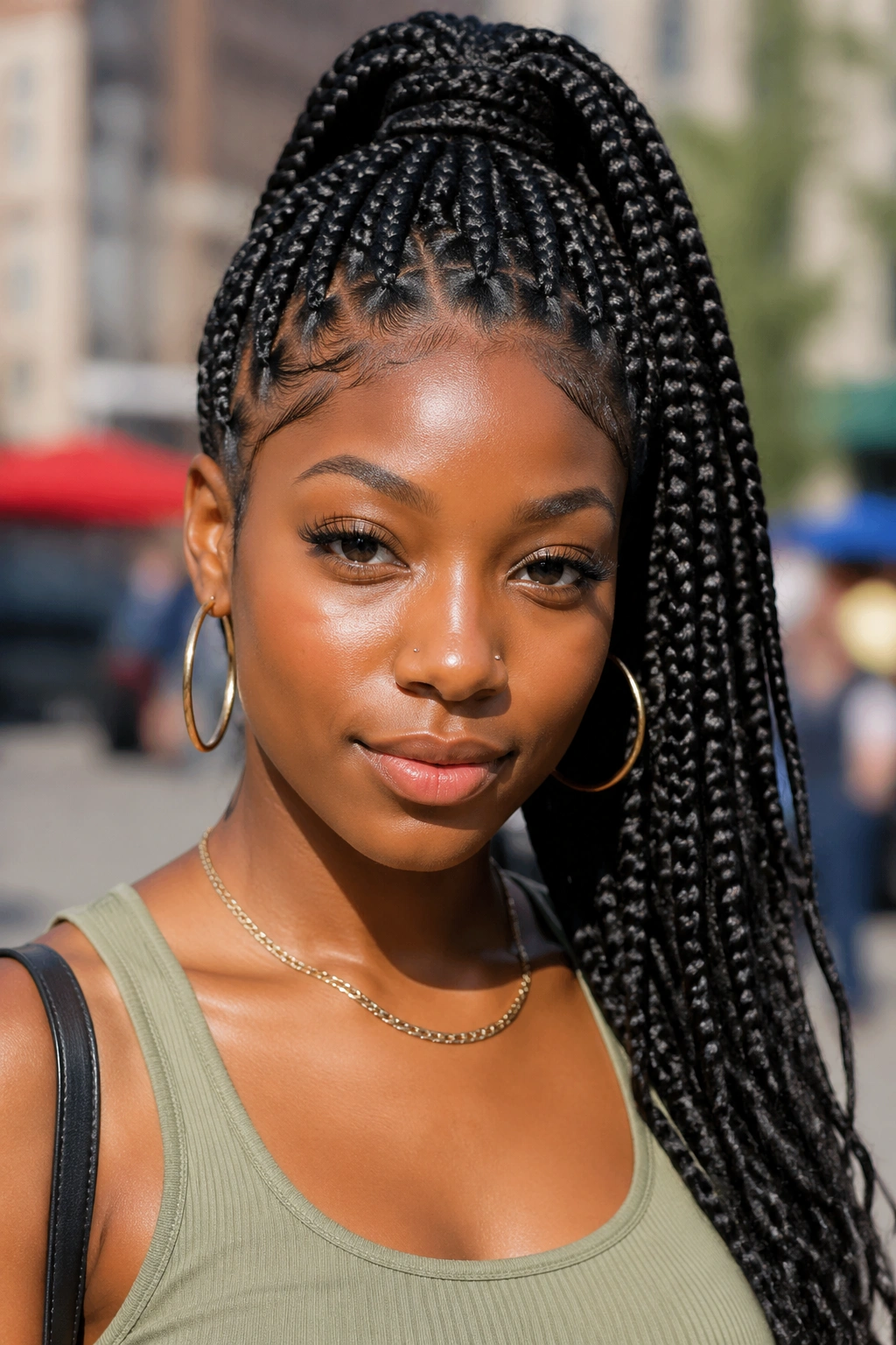 Close-up of a real woman with a high ponytail goddess braids