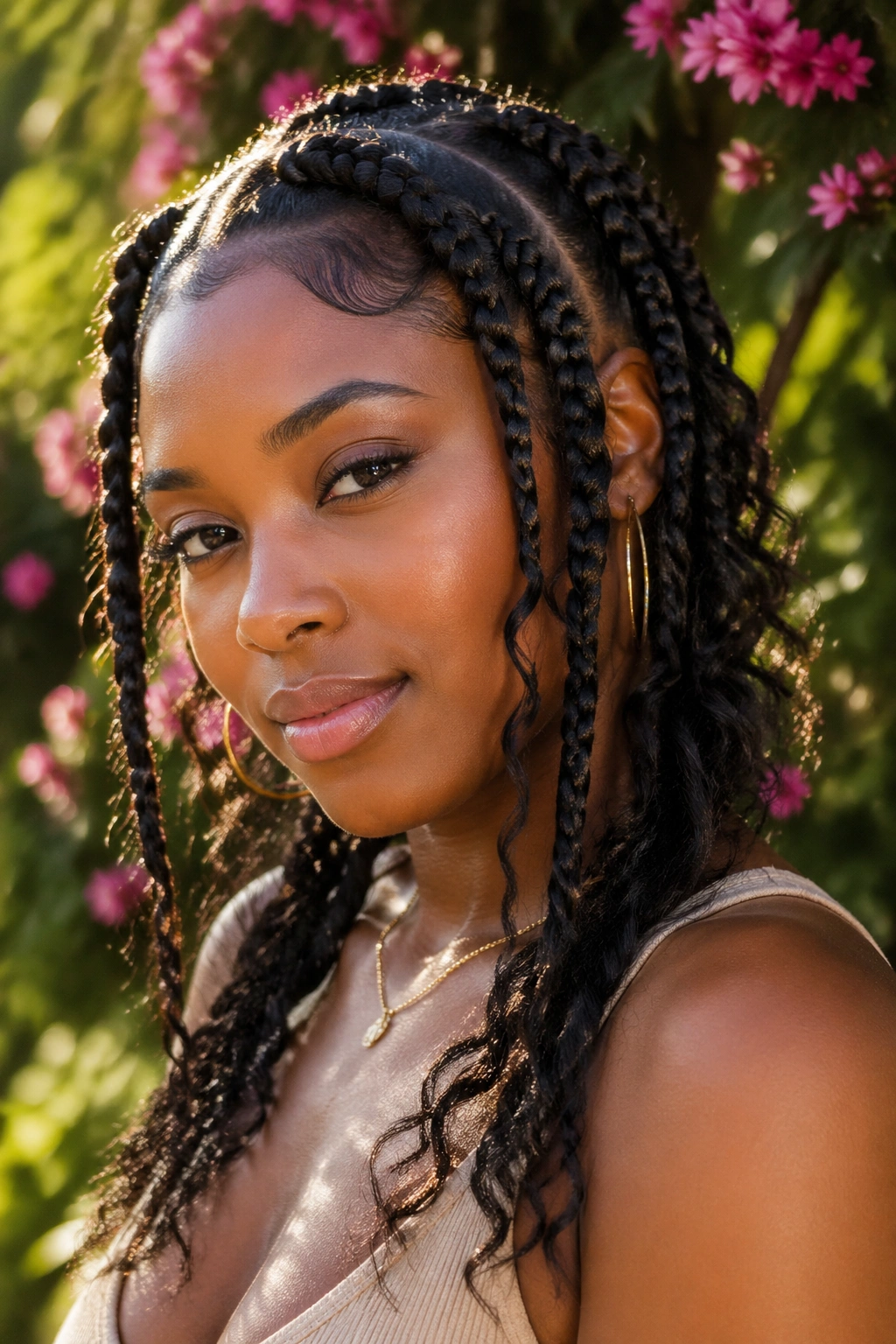 Real woman with goddess braids and loose ends in an outdoor garden