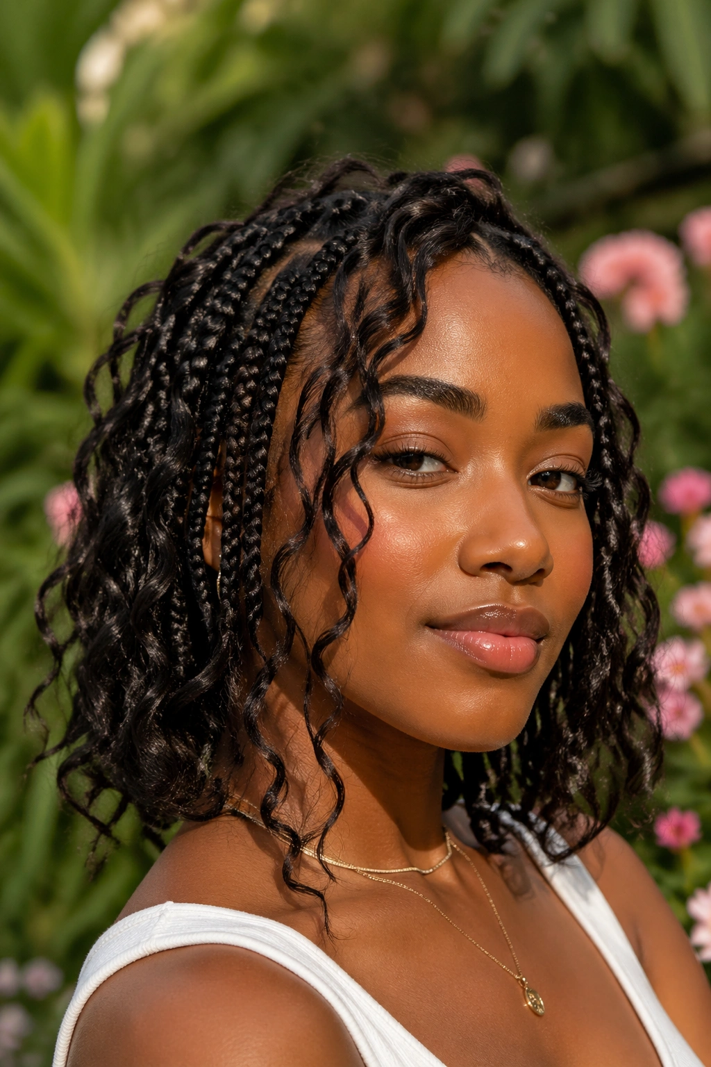 Close-up of a real person with goddess braids and loose curls around the face.