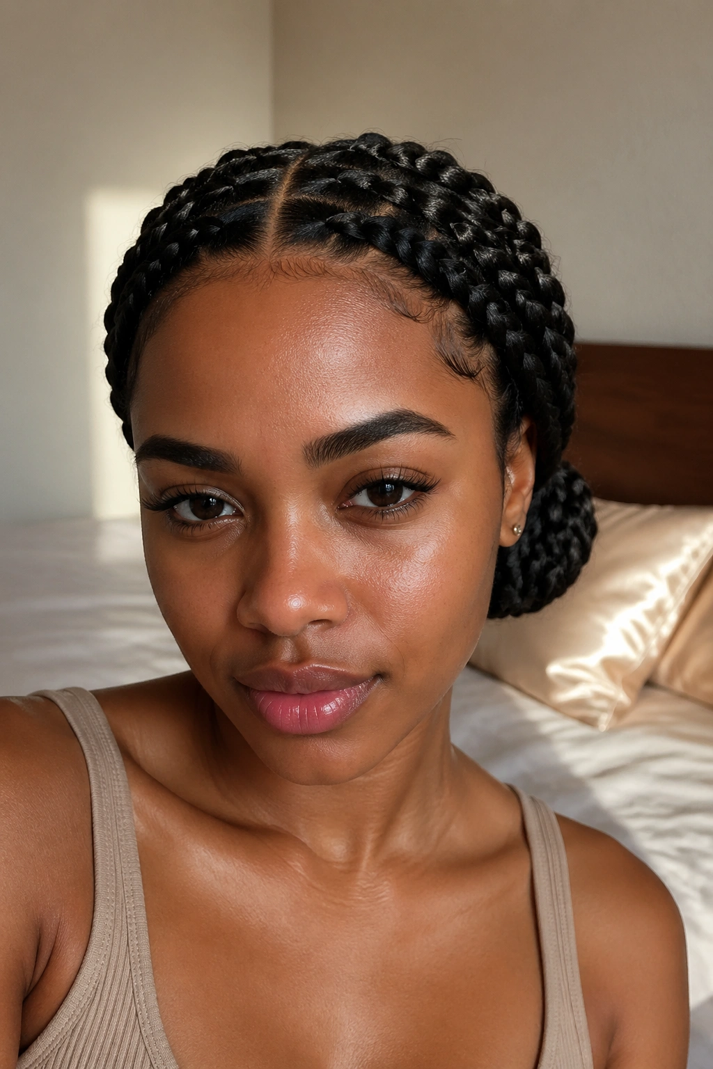 Close-up of a real woman with middle-part goddess braids forming a low bun
