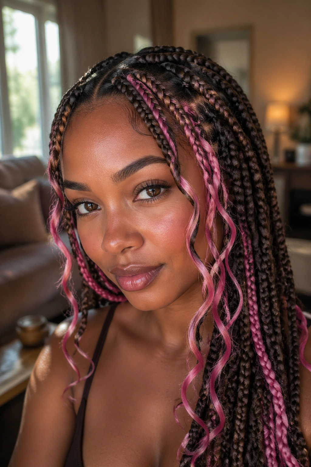 Close-up portrait of a woman with brown goddess braids and pink tendrils framing the face
