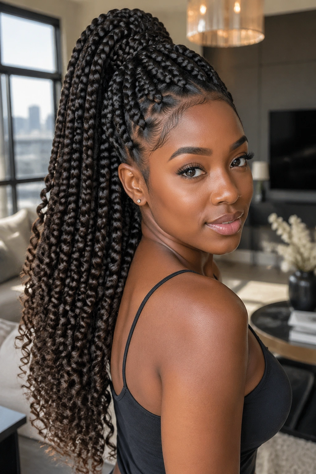 Real woman with a high ponytail of jumbo goddess braids and curly ends, in soft indoor light