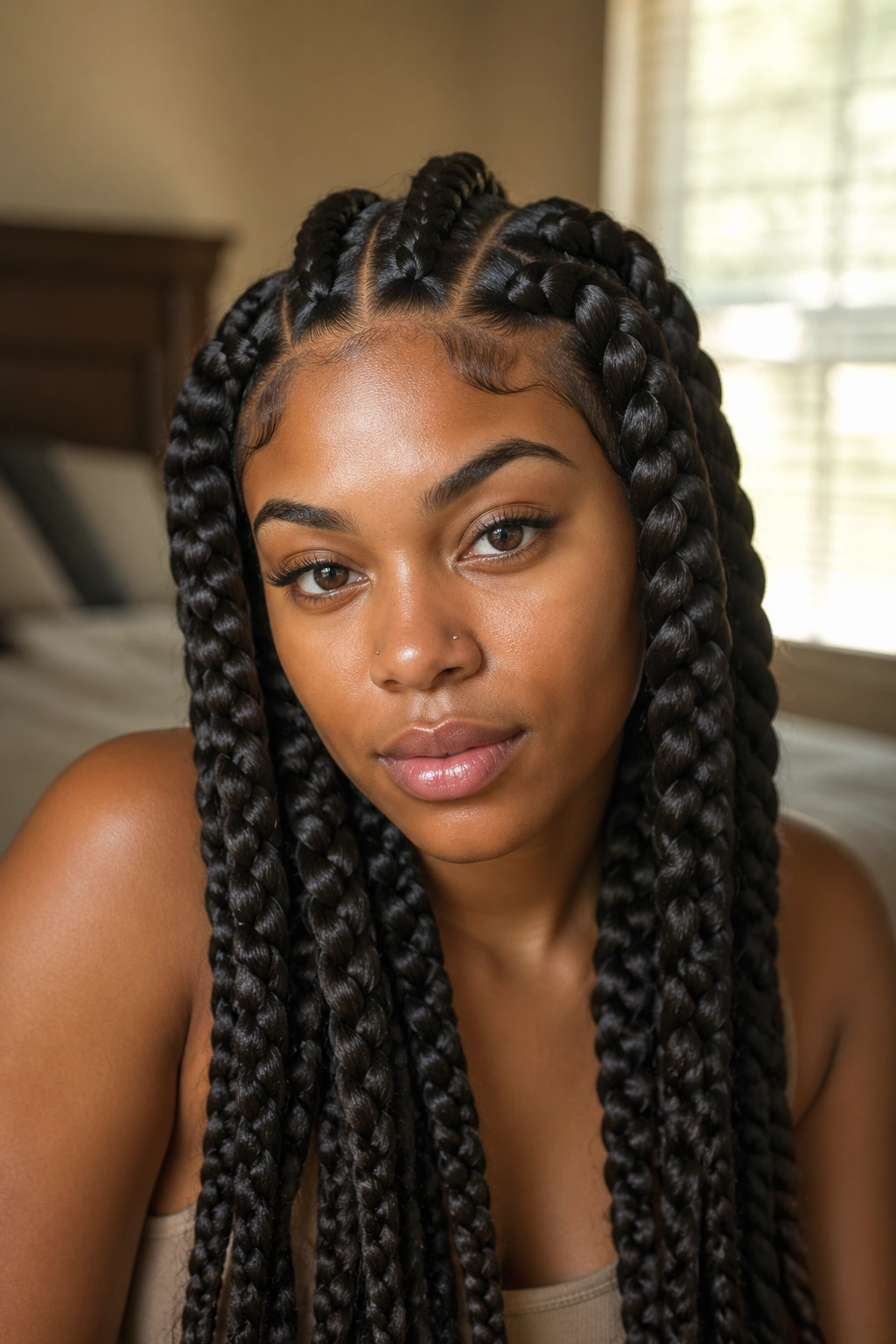 Close-up portrait of a real woman with thick goddess braids filling the frame