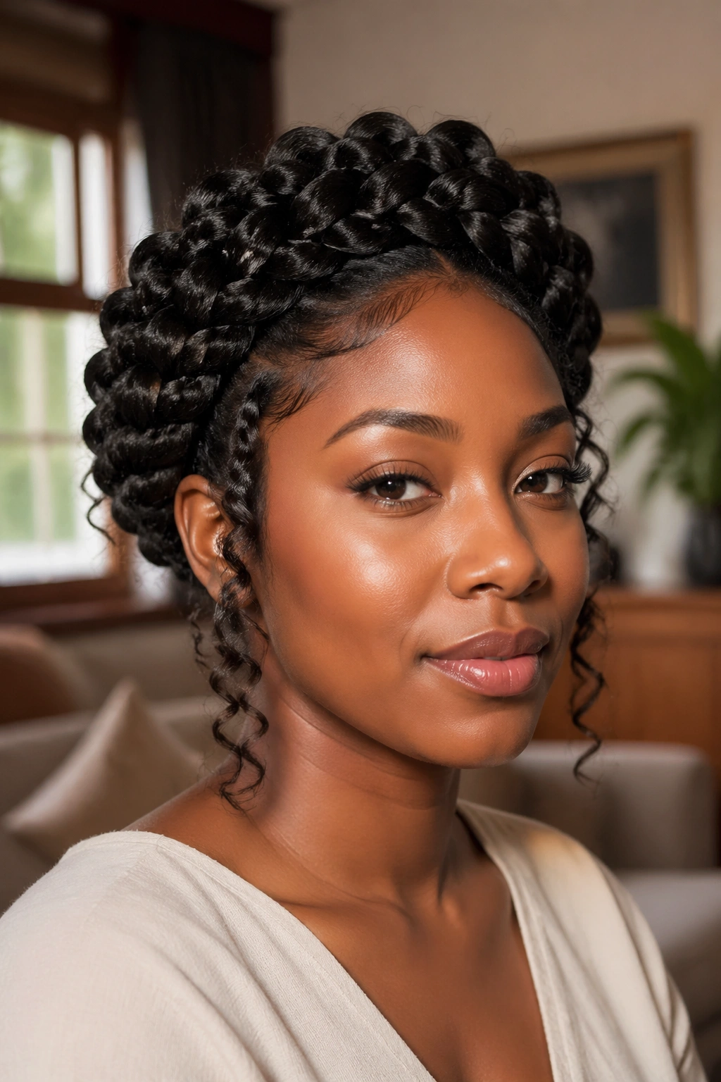 Close-up of a real woman wearing goddess braids in a crown style, warm natural light.