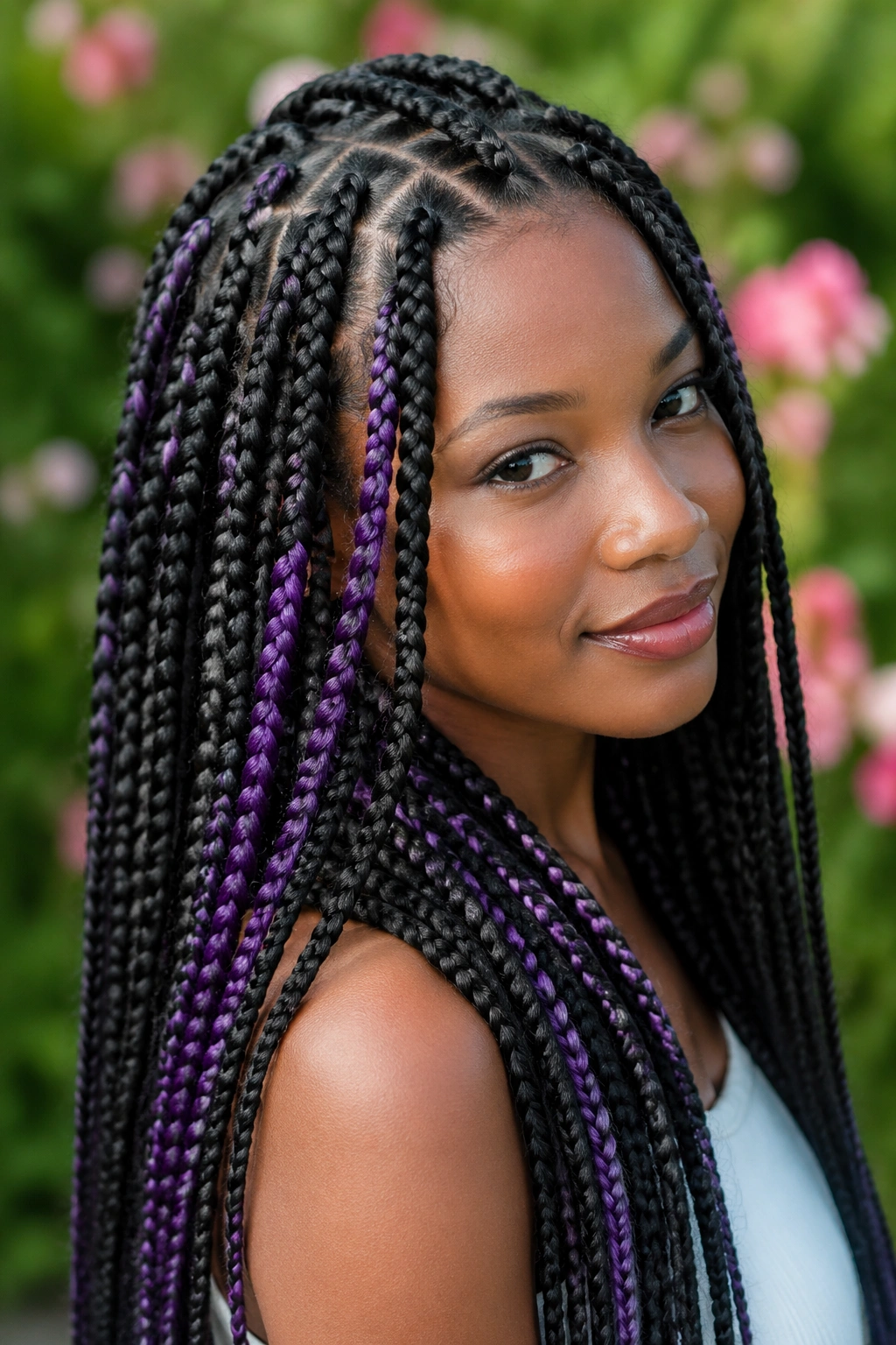 Close-up of a real woman wearing goddess box braids with purple accent braids