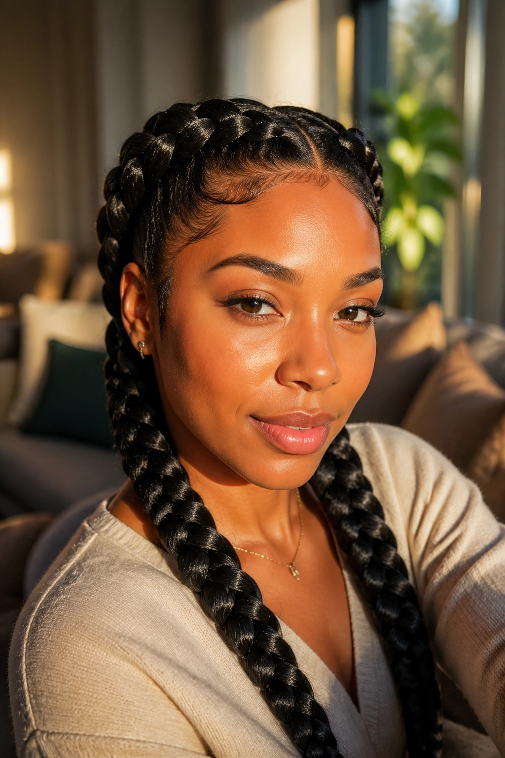 Close-up of a real Black woman with thick Goddess Braids and warm window light