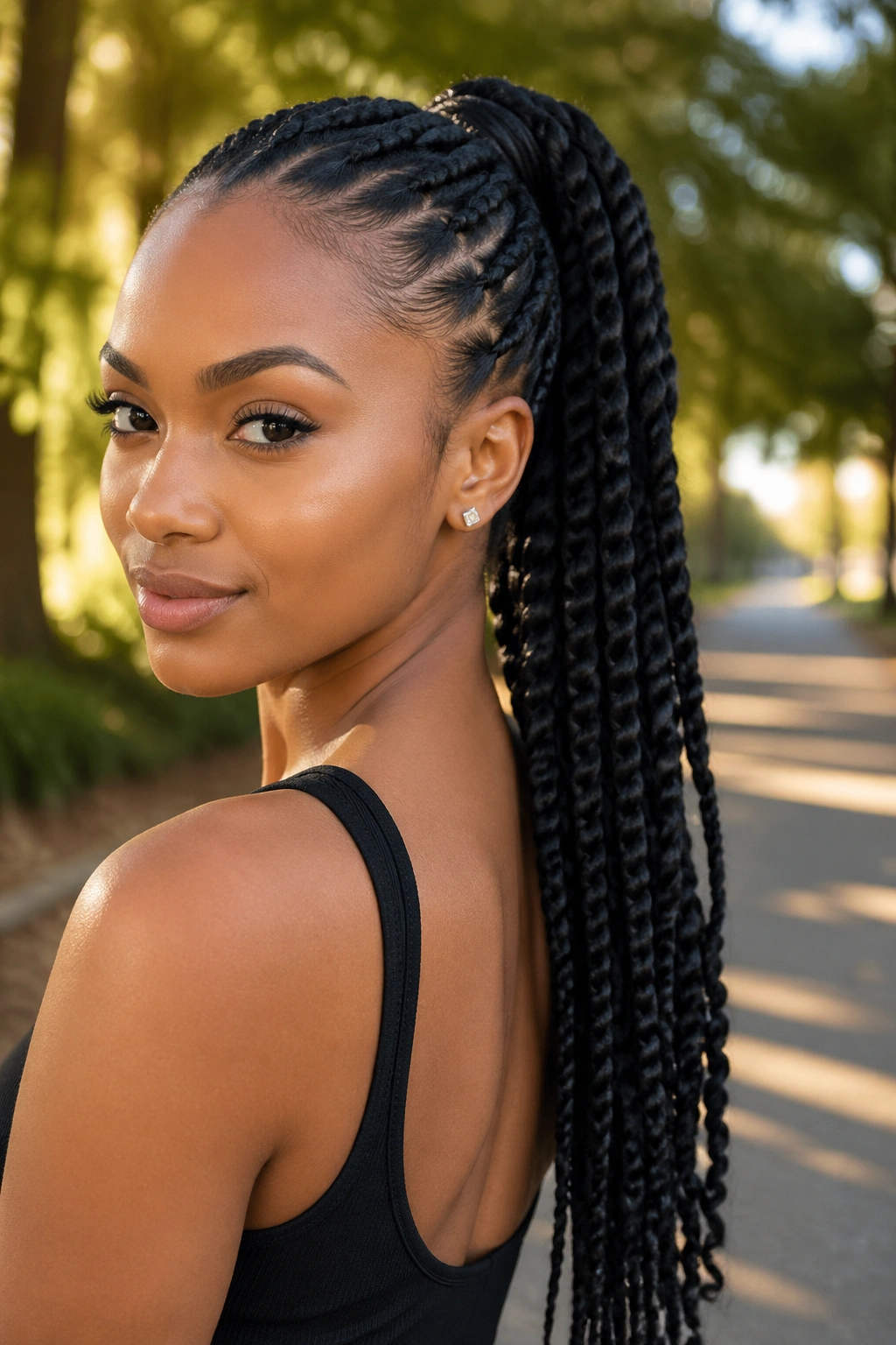 Three-quarter portrait of a woman with goddess braids pulled into a sleek ponytail in a sunlit park
