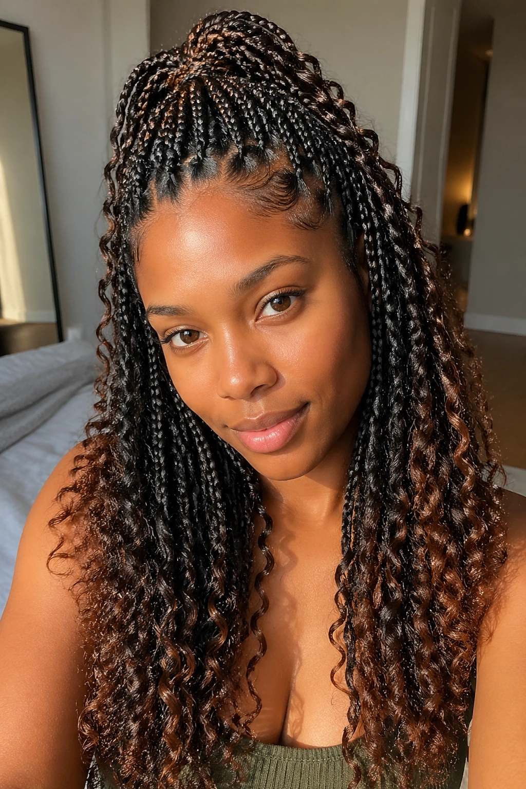 Close-up of a real woman with half-up half-down goddess knots in warm natural light