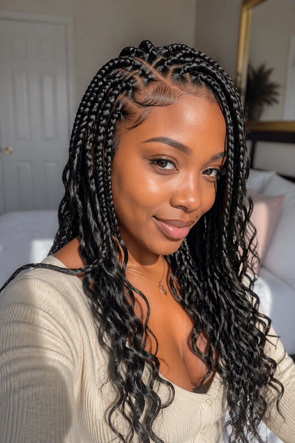 Close-up of goddess braids with soft ends on a real person
